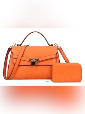 NWT 2 Pc Elegant Orange Top-Handle Bag with Removable Strap and Matching Wallet